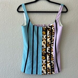 CF. Goldman gingham leopard smocked corset tank top SZ 8 100% cotton made in NYC